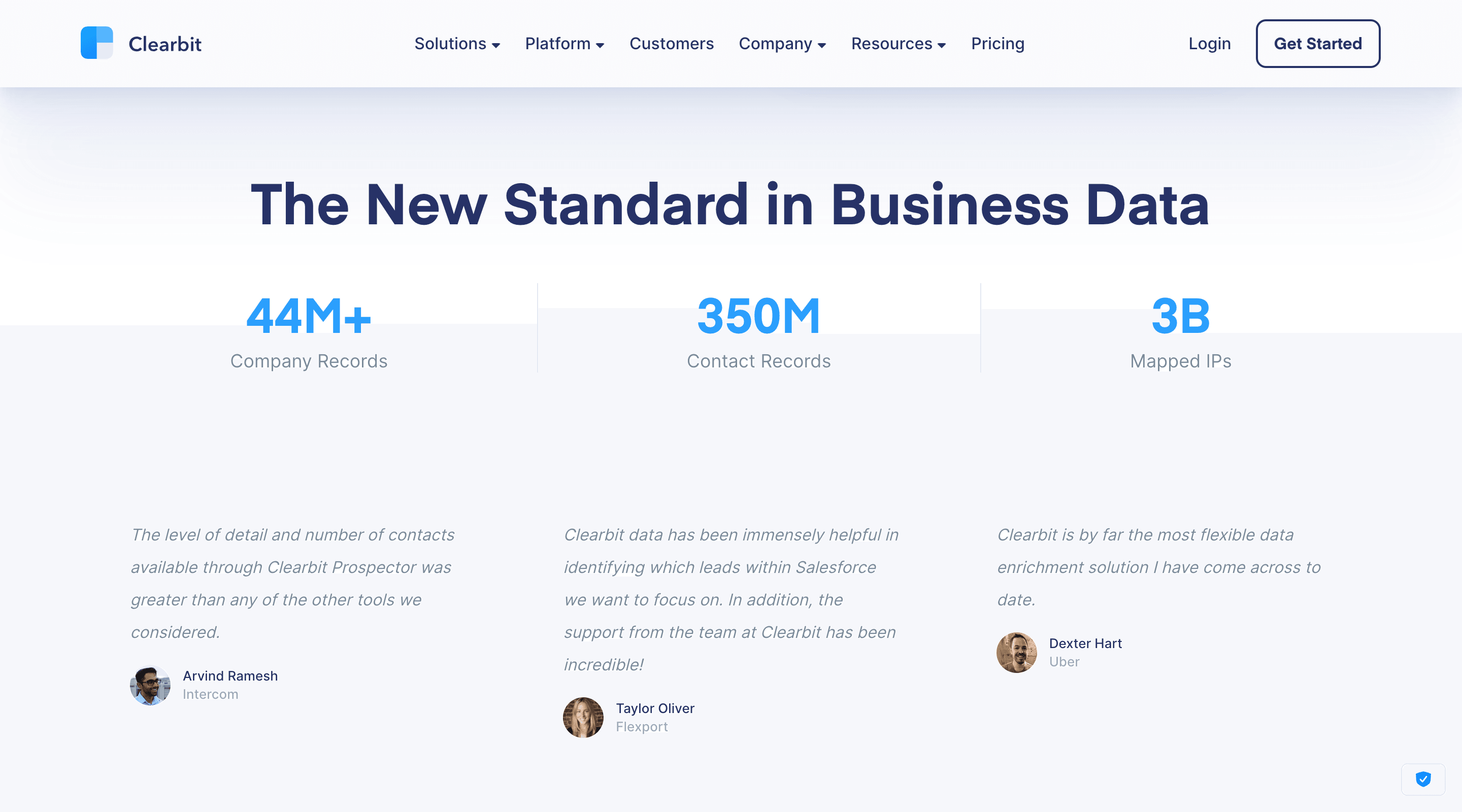 Screenshot of the 'The New Standard in Business Data' section of the Clearbit website. The section contains testimonials from three Clearbit users arranged in three columns.